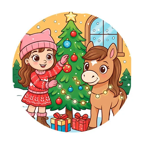 Цветной пример раскраски девочка и лошадка на 2026 год