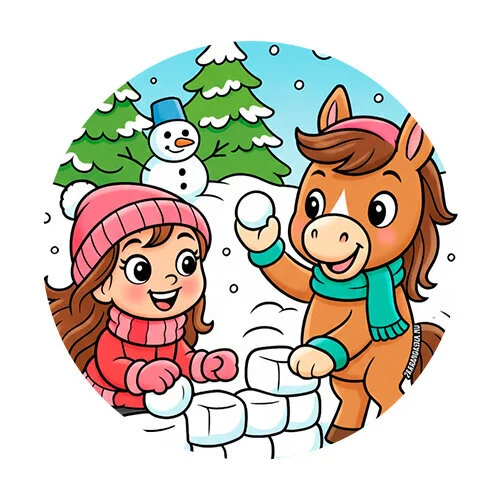 Цветной вариант раскраски играют в снежки лошадка 2026