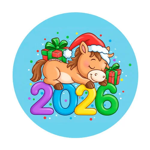 Цветной вариант раскраски 2026 новый год лошадка спит