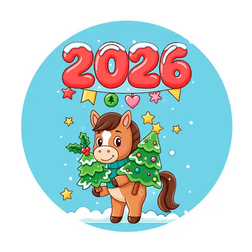 Цветной вариант раскраски 2026 новый год и лошадка