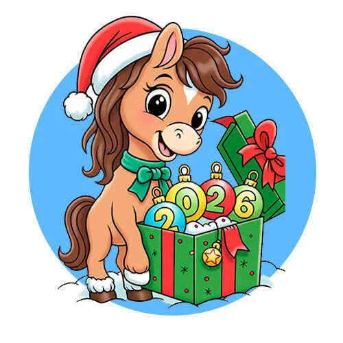 Цветной вариант раскраски лошадка открыла подарок 2026