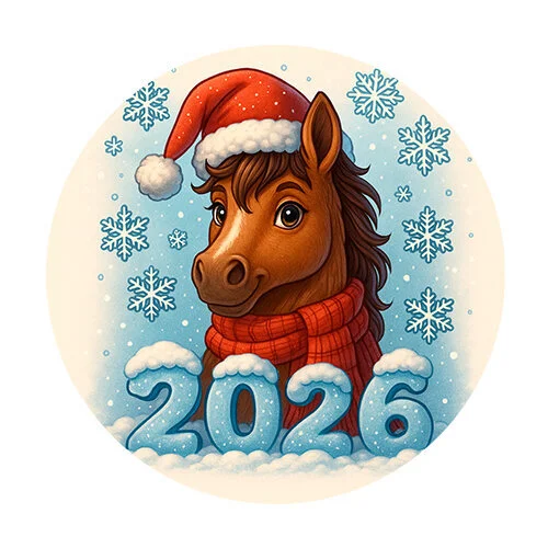 Цветной вариант раскраски 2026 лошадь новый год