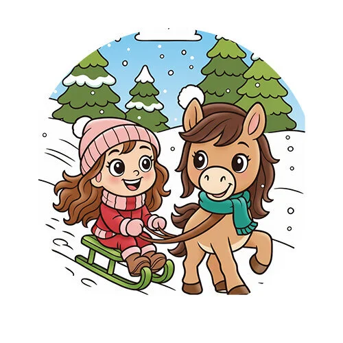 Цветной вариант раскраски девочка и ее лошадка новый год 2026