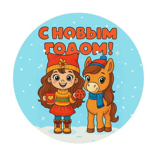 Цветной вариант раскраски с новым годом девочка и лошадка 2026