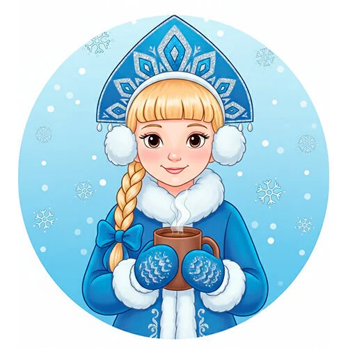 Цветной вариант раскраски милая снегурочка и какао