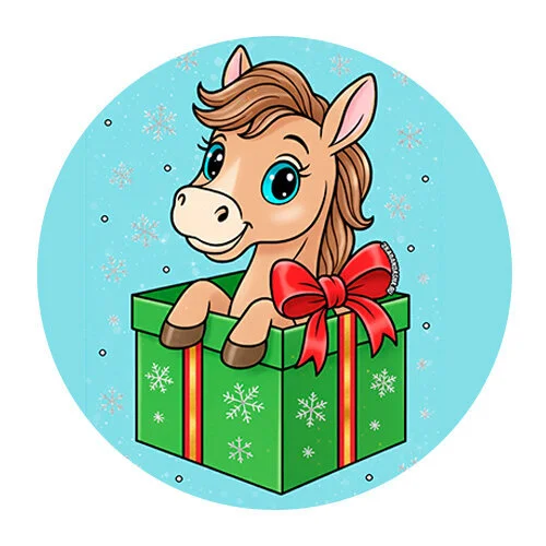 Цветной вариант раскраски лошадка и подарок