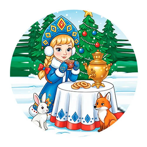 Цветной вариант раскраски снегурочка пьет чай в зимнем лесу