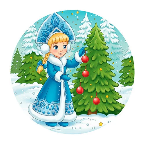 Цветной пример раскраски снегурочка наряжает елку в лесу