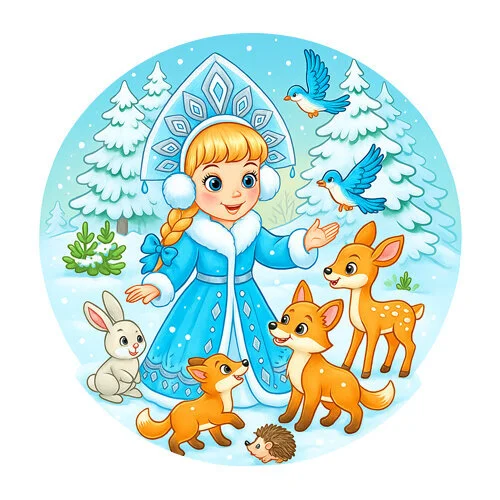 Цветной вариант раскраски снегурочка и лесные зверята