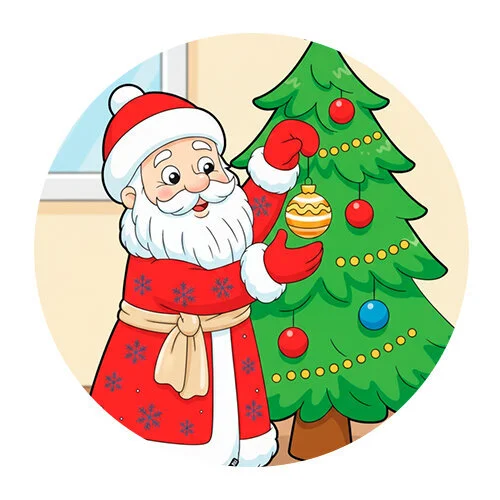 Цветной вариант раскраски дед мороз наряжает маленькую елку