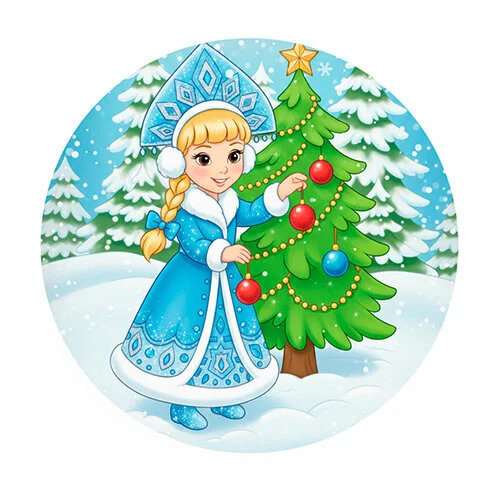 Цветной вариант раскраски снегурочка в зимнем лесу