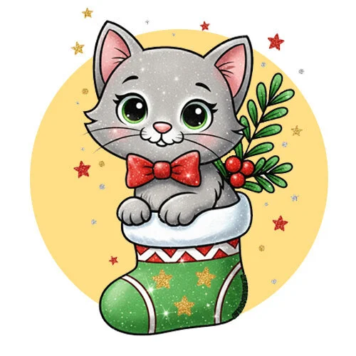 Цветной вариант раскраски новогодний котик в носке с елками