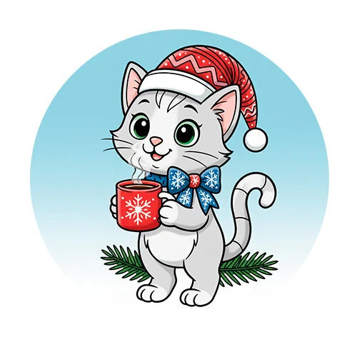 Цветной пример раскраски новогодний котик с чашкой какао