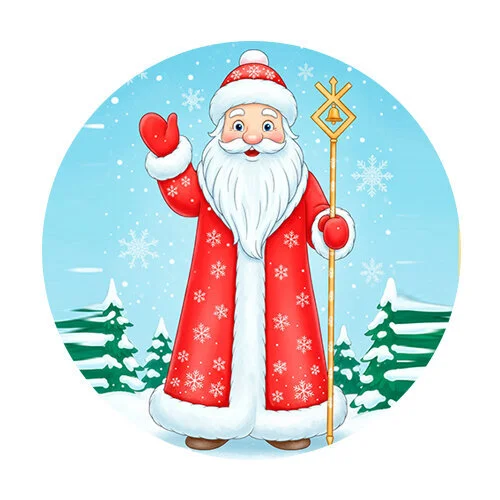 Цветной вариант раскраски дед мороз машет