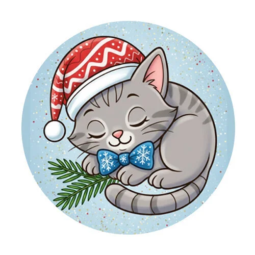 Цветной вариант раскраски котик в новогодней шапке спит