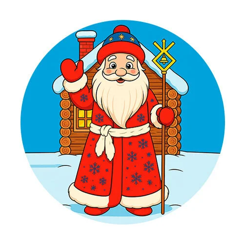 Цветной пример раскраски дед мороз и его дом