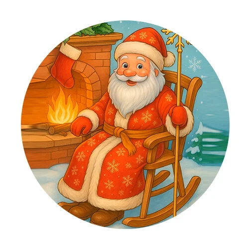 Цветной вариант раскраски дед мороз у камина на кресле