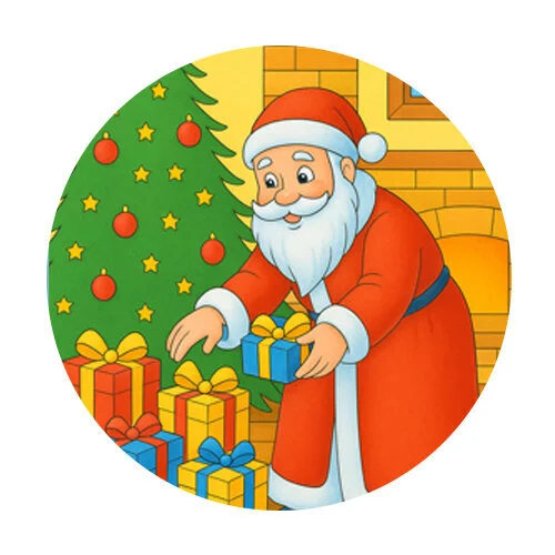 Цветной вариант раскраски дед мороз кладет подарки под елку