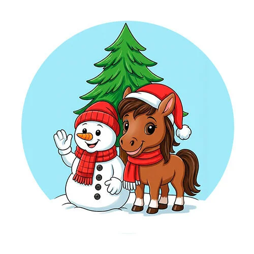 Цветной вариант раскраски снеговик и лошадка