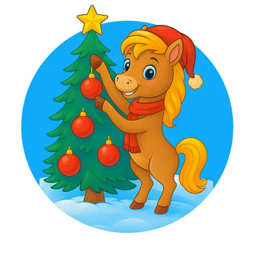 Цветной пример раскраски лошадка наряжает елку