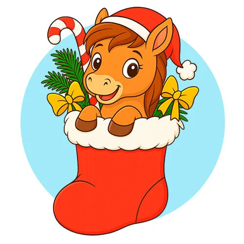 Цветной вариант раскраски лошадка в носке