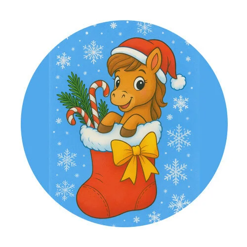 Цветной вариант раскраски лошадка в новогоднем носке