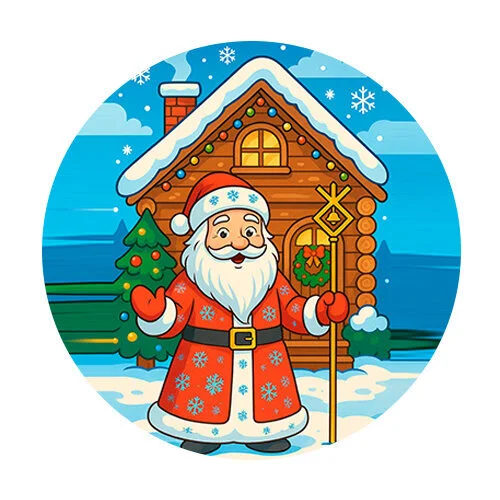 Цветной пример раскраски дед мороз и его дом