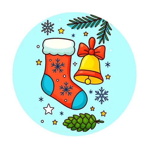 Цветной вариант раскраски новогодний сапожок и колокольчик
