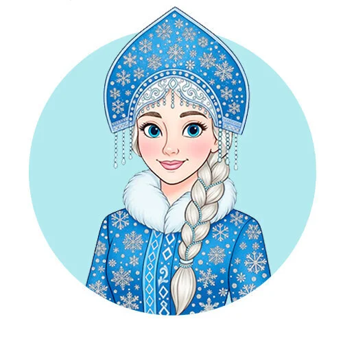 Цветной вариант раскраски снегурочка с косой и в кокошнике