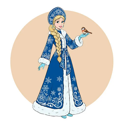 Цветной вариант раскраски снегурочка в шубке с птичкой