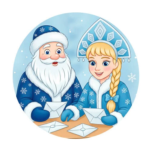 Цветной пример раскраски дед мороз и снегурочка читают письма детей