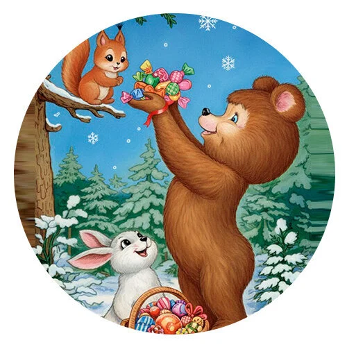 Цветной пример раскраски заяц, белка и медведь новый год как советская открытка