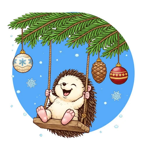 Цветной вариант раскраски ежик на качелях