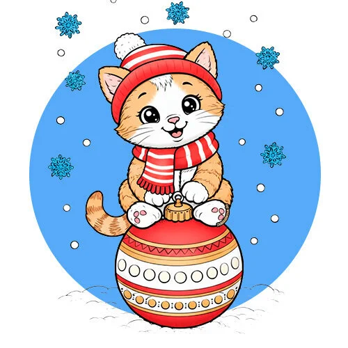 Цветной пример раскраски котик на елочном шаре