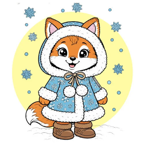 Цветной пример раскраски лисичка в шубе