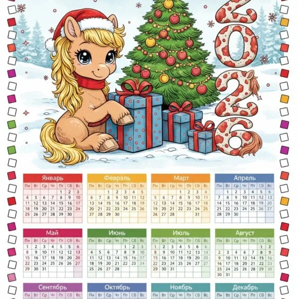 Цветной вариант раскраски 2026 год лошади календарь