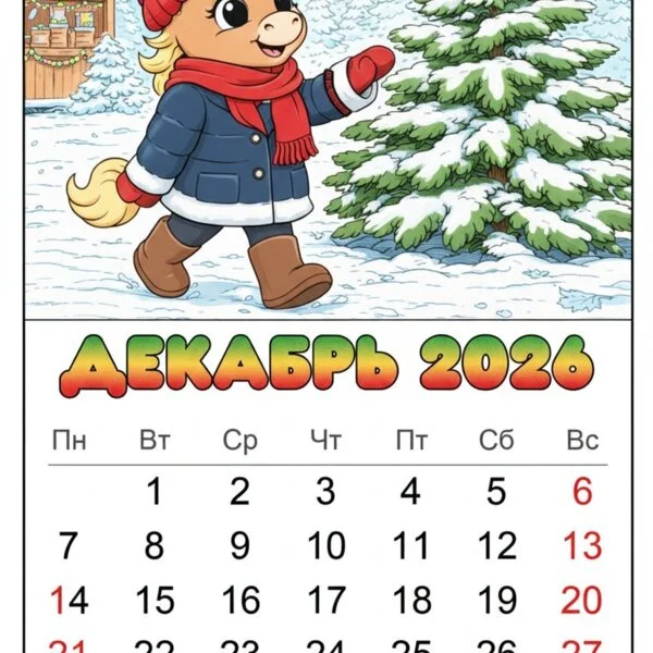 Цветной вариант раскраски декабрь 2026 год лошади календарь