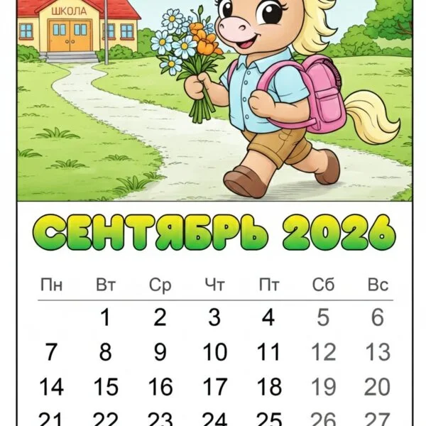 Цветной вариант раскраски сентябрь 2026 год лошади календарь