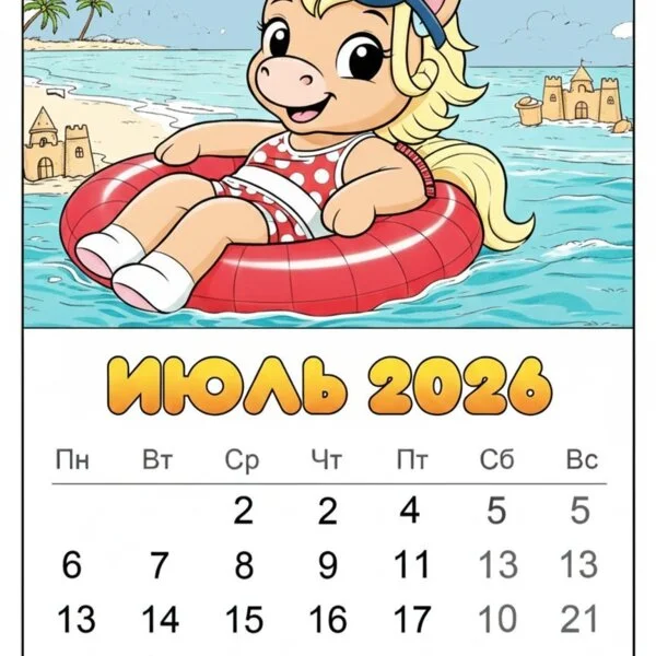 Цветной вариант раскраски июль 2026 год лошади календарь
