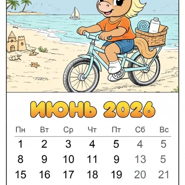 Цветной вариант раскраски июнь 2026 год лошади календарь