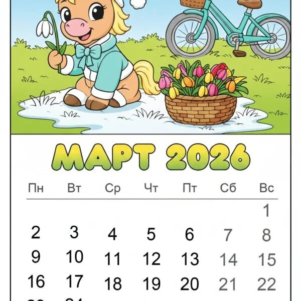 Цветной пример раскраски март 2026 год лошади календарь
