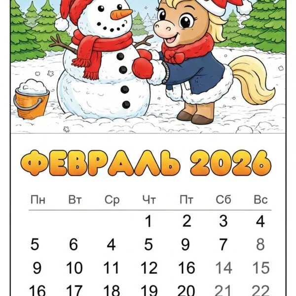 Цветной пример раскраски февраль 2026 год лошади календарь