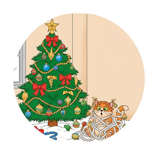 Цветной пример раскраски котик запутался в мешуре