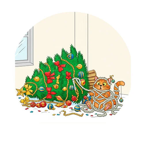 Цветной вариант раскраски котик уронил елку