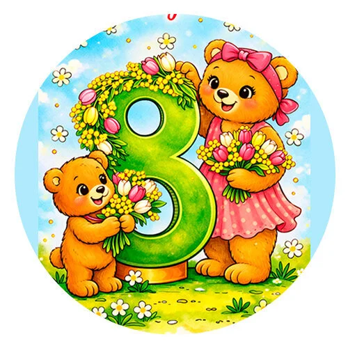 Цветной вариант раскраски мама медведь и малыш на 8 марта открытка