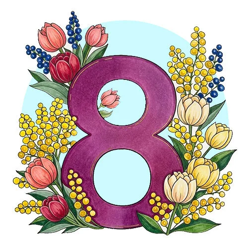 Цветной пример раскраски открытка 8 марта тюльпаны, мимозы