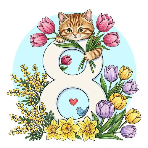 Цветной вариант раскраски котик и 8 марта с цветами