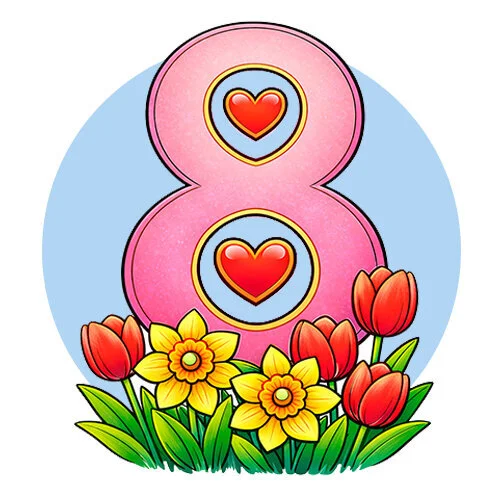 Цветной пример раскраски с 8 марта цветочки и цифра