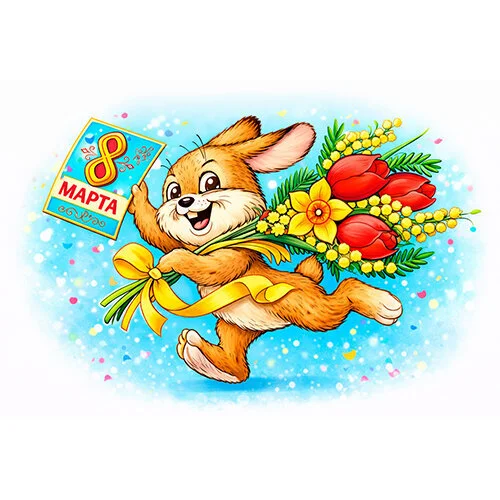 Цветной пример раскраски как советская открытка на 8 марта зайчик