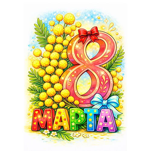 Цветной пример раскраски 8 марта весна и мимоза